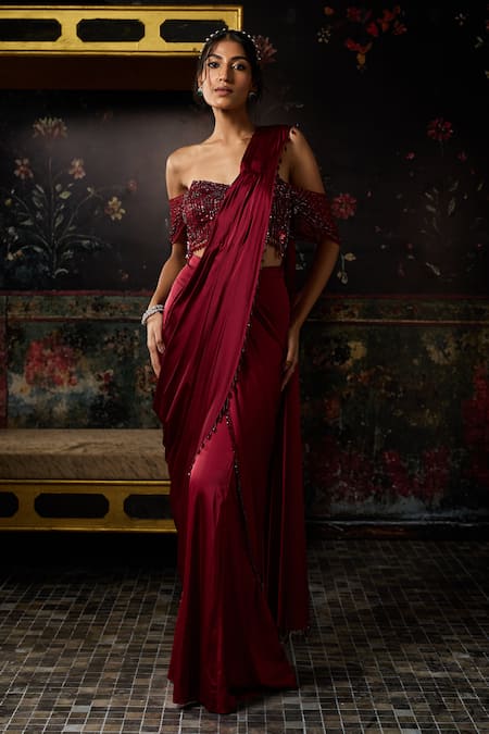 Buy_Diyarajvvir_Maroon Tulle, Satin Embroidery, Pre-draped Sharara Saree With Embellished Blouse _Online_at_Aza_Fashions