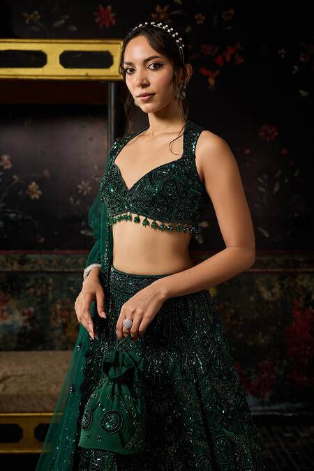 Diyarajvvir_Green Tulle, Crepe, Shantoon Sequins, Beads, Tonal Embellished Lehenga Set _Online_at_Aza_Fashions