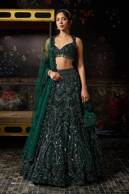 Buy_Diyarajvvir_Green Tulle, Crepe, Shantoon Sequins, Beads, Tonal Embellished Lehenga Set _Online_at_Aza_Fashions