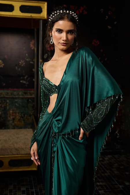 Diyarajvvir Green Tulle, Satin Tassels, Pre-draped Dhoti Saree And Embellished Blouse Set Online at Aza Fashions Diyarajvvir_Green Tulle, Satin Tassels, Pre-draped Dhoti Saree And Embellished Blouse Set _Online_at_Aza_Fashions