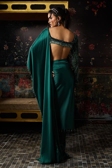 Shop Diyarajvvir Green Tulle, Satin Tassels, Pre-draped Dhoti Saree And Embellished Blouse Set at Aza Fashions Shop_Diyarajvvir_Green Tulle, Satin Tassels, Pre-draped Dhoti Saree And Embellished Blouse Set _at_Aza_Fashions