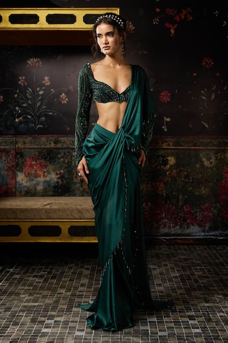 Buy Diyarajvvir Green Tulle, Satin Tassels, Pre-draped Dhoti Saree And Embellished Blouse Set Online at Aza Fashions Buy_Diyarajvvir_Green Tulle, Satin Tassels, Pre-draped Dhoti Saree And Embellished Blouse Set _Online_at_Aza_Fashions