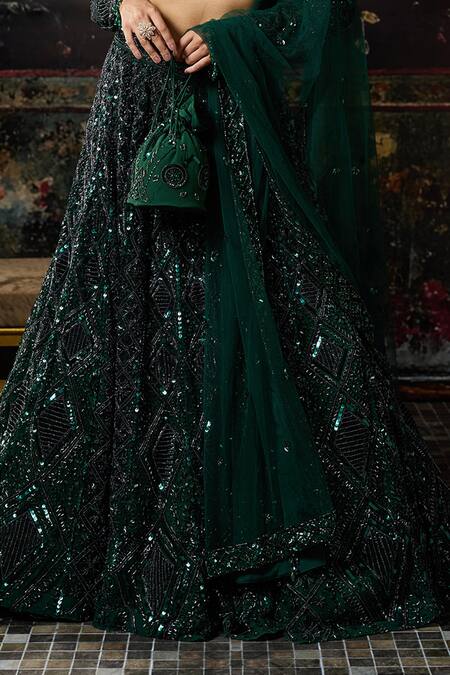 Buy_Diyarajvvir_Green Tulle Sequins, Embroidery Square Neck Embellished Lehenga Set _Online_at_Aza_Fashions