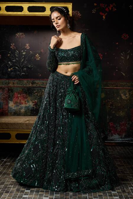 Shop_Diyarajvvir_Green Tulle Sequins, Embroidery Square Neck Embellished Lehenga Set _Online_at_Aza_Fashions