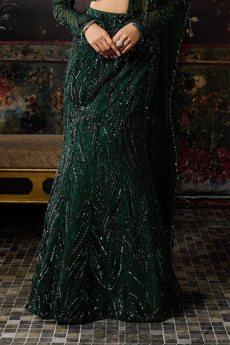 Diyarajvvir_Green Tulle, Satin, Shantoon Pre-draped Mermaid Saree And Embellished Blouse Set _Online_at_Aza_Fashions
