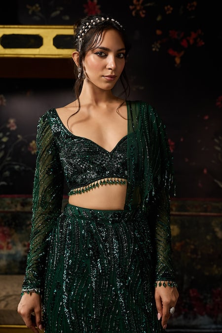 Shop_Diyarajvvir_Green Tulle, Satin, Shantoon Pre-draped Mermaid Saree And Embellished Blouse Set _Online_at_Aza_Fashions