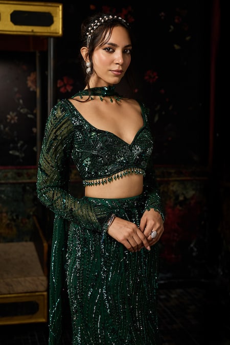 Diyarajvvir Green Tulle, Satin, Lycra Sequins, Zari Embellished Blouse And Mermaid Skirt Set Online at Aza Fashions Diyarajvvir_Green Tulle, Satin, Lycra Sequins, Zari Embellished Blouse And Mermaid Skirt Set _Online_at_Aza_Fashions