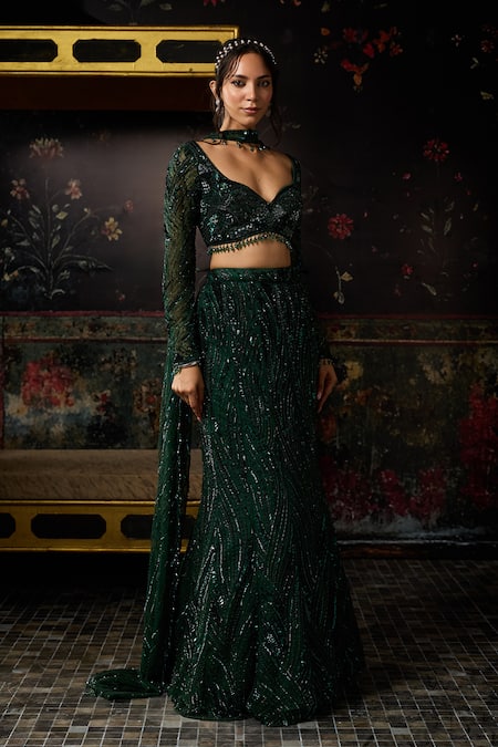 Buy Diyarajvvir Green Tulle, Satin, Lycra Sequins, Zari Embellished Blouse And Mermaid Skirt Set Online at Aza Fashions Buy_Diyarajvvir_Green Tulle, Satin, Lycra Sequins, Zari Embellished Blouse And Mermaid Skirt Set _Online_at_Aza_Fashions