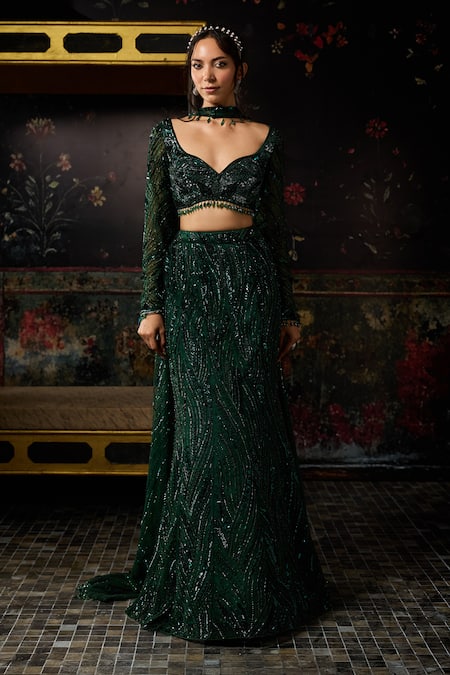 Diyarajvvir Green Tulle, Satin, Lycra Sequins, Zari Embellished Blouse And Mermaid Skirt Set