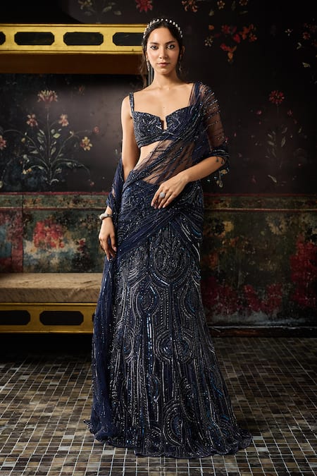 Shop Diyarajvvir Blue Tulle, Satin, Lycra, Pre-draped Mermaid Saree And Embellished Blouse Set Online at Aza Fashions Shop_Diyarajvvir_Blue Tulle, Satin, Lycra, Pre-draped Mermaid Saree And Embellished Blouse Set _Online_at_Aza_Fashions