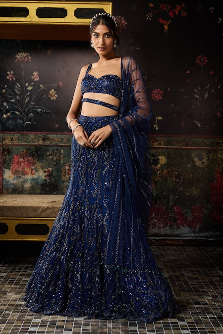 Buy_Diyarajvvir_Blue Tulle, Satin Sequins, Beads Asymmetric Embellished Mermaid Skirt Set _Online_at_Aza_Fashions