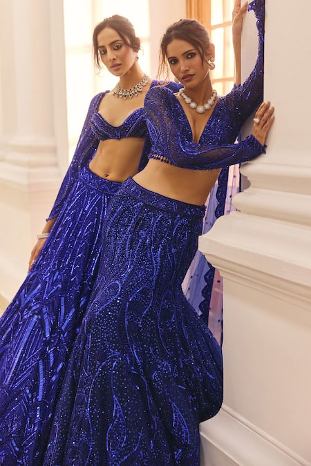 Diyarajvvir Blue Tulle Sequins Sweetheart Neck Tonal Embellished Lehenga Set Online at Aza Fashions Diyarajvvir_Blue Tulle Sequins Sweetheart Neck Tonal Embellished Lehenga Set _Online_at_Aza_Fashions
