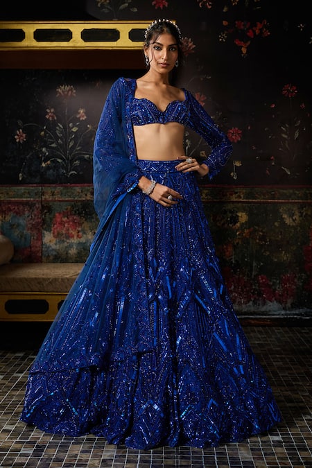 Buy Diyarajvvir Blue Tulle Sequins Sweetheart Neck Tonal Embellished Lehenga Set Online at Aza Fashions Buy_Diyarajvvir_Blue Tulle Sequins Sweetheart Neck Tonal Embellished Lehenga Set _Online_at_Aza_Fashions