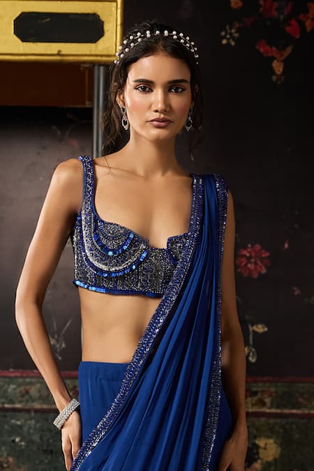 Diyarajvvir_Blue Tulle, Georgette Sequins, Pre-draped Mermaid Saree And Embellished Blouse Set _Online_at_Aza_Fashions