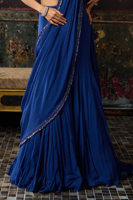 Buy_Diyarajvvir_Blue Tulle, Georgette Sequins, Pre-draped Mermaid Saree And Embellished Blouse Set _Online_at_Aza_Fashions