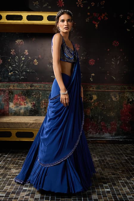 Shop_Diyarajvvir_Blue Tulle, Georgette Sequins, Pre-draped Mermaid Saree And Embellished Blouse Set _Online_at_Aza_Fashions