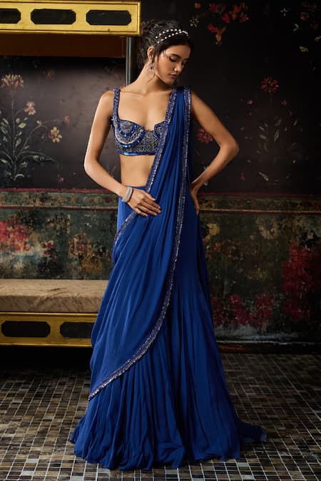 Diyarajvvir_Blue Tulle, Georgette Sequins, Pre-draped Mermaid Saree And Embellished Blouse Set _at_Aza_Fashions