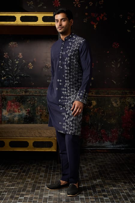 Diyarajvvir_Blue Cotton, Silk Diamonds Embroidered Kurta With Pant _Online_at_Aza_Fashions