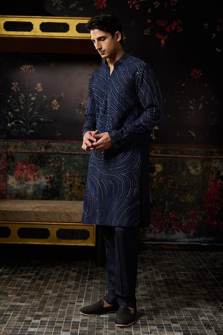 Diyarajvvir_Blue Silk Cut Work, Embroidery Kurta With Pant _Online_at_Aza_Fashions