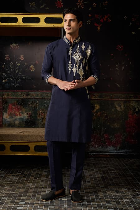 Diyarajvvir Blue Cotton, Silk Cut Work, Embroidery Kurta With Pant