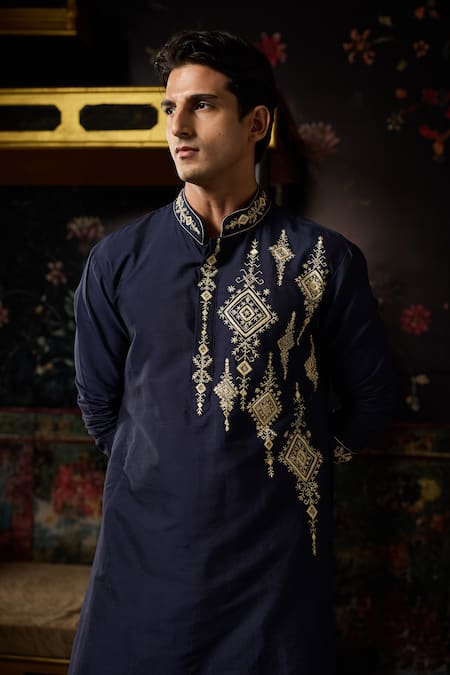 Diyarajvvir_Blue Cotton, Silk Cut Work, Embroidery Kurta With Pant _Online_at_Aza_Fashions