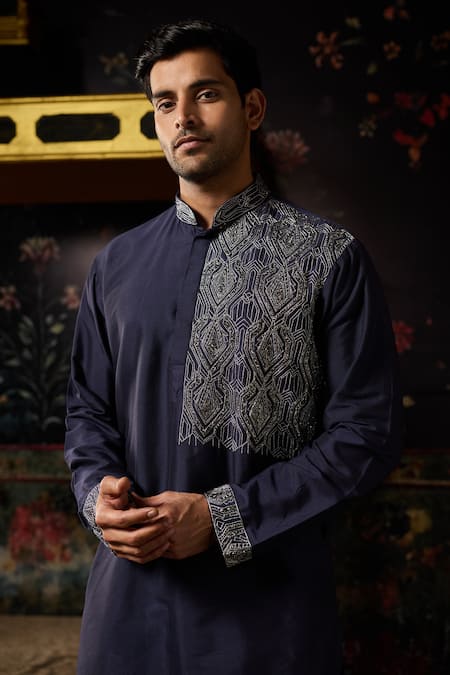 Diyarajvvir_Blue Cotton, Silk Embroidery Kurta With Pant _Online_at_Aza_Fashions
