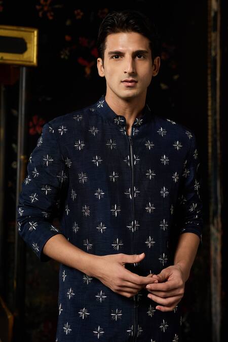 Diyarajvvir_Blue Dupion Embroidery Jacket With Pant _Online_at_Aza_Fashions