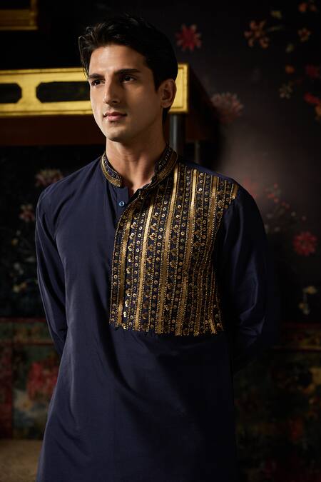 Diyarajvvir_Blue Cotton, Silk Embroidery Kurta With Pant _Online_at_Aza_Fashions