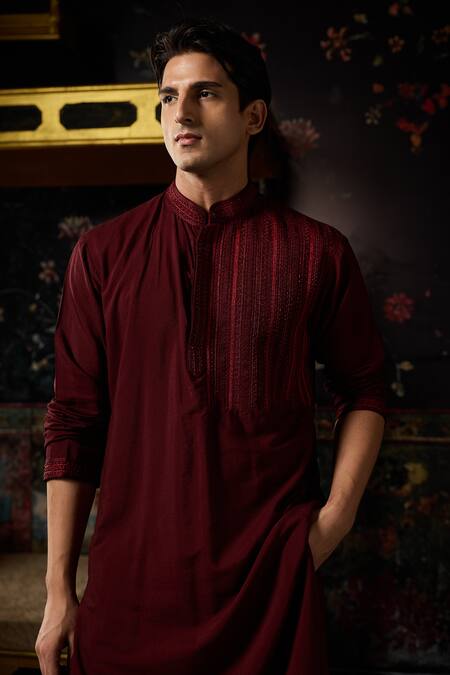 Diyarajvvir_Maroon Cotton, Silk Cut Work, Embroidery Kurta With Pant _Online_at_Aza_Fashions