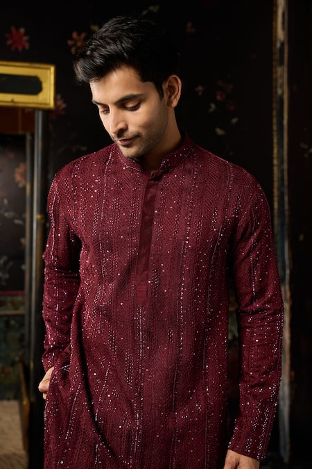 Diyarajvvir_Maroon Silk Cut Work, Embroidery Kurta With Pant _Online_at_Aza_Fashions