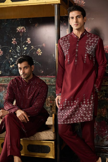 Diyarajvvir_Maroon Cotton, Silk Embroidery Kurta With Pant _Online_at_Aza_Fashions