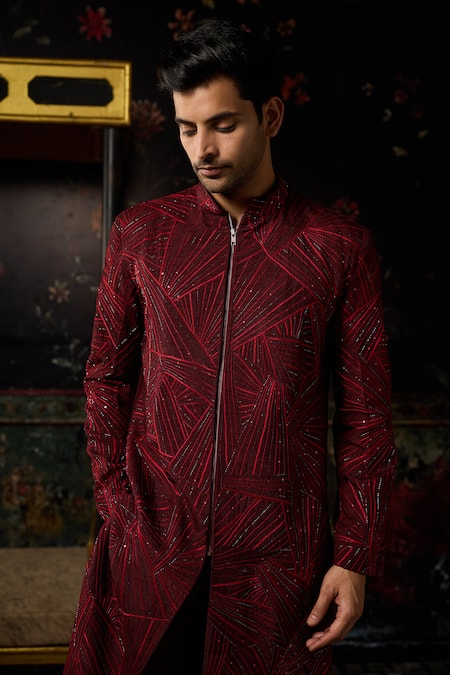 Diyarajvvir_Maroon Doriya Cut Work, Embroidery Jacket Kurta With Pant _Online_at_Aza_Fashions