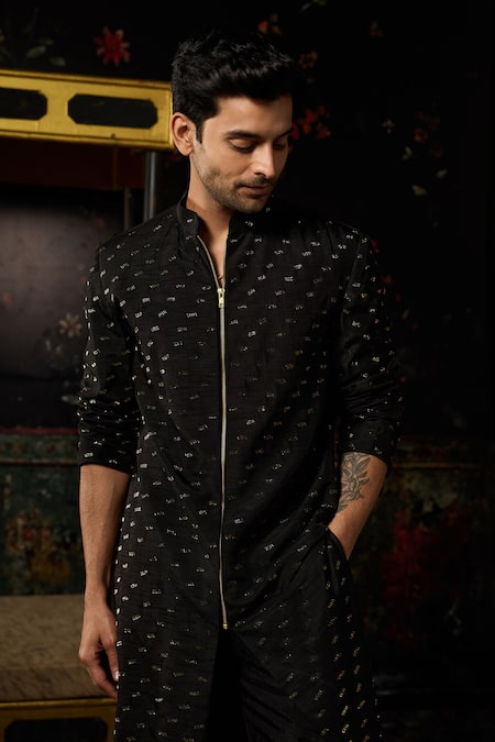 Buy_Diyarajvvir_Black Embroidery Jacket Kurta With Pant _Online_at_Aza_Fashions