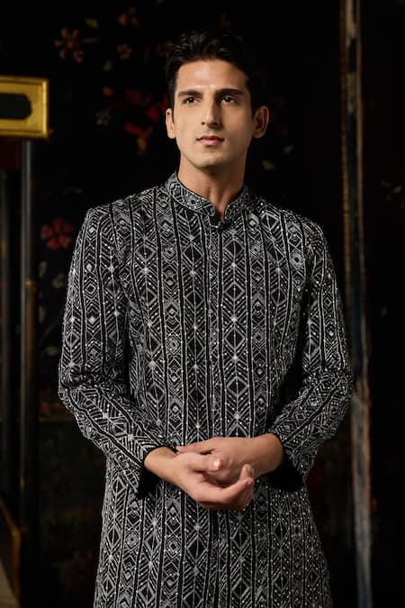 Shop Diyarajvvir Black Embroidery Jacket Kurta With Pant at Aza Fashions Shop_Diyarajvvir_Black Embroidery Jacket Kurta With Pant _at_Aza_Fashions