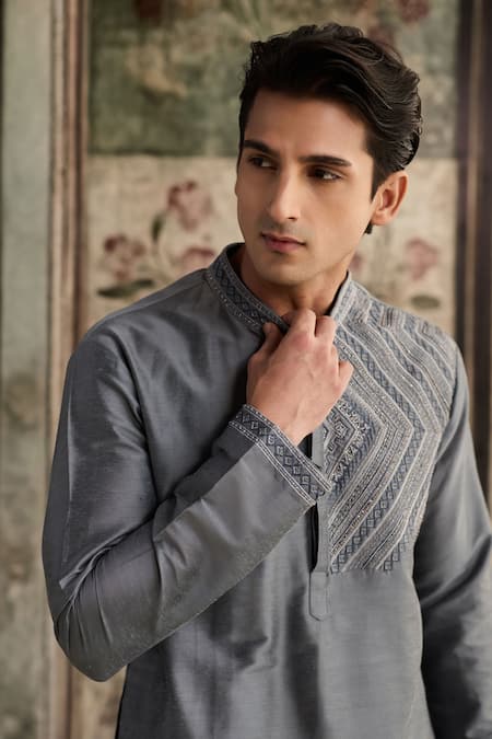 Diyarajvvir_Gray Cotton, Silk Embroidery Kurta With Pant _Online_at_Aza_Fashions