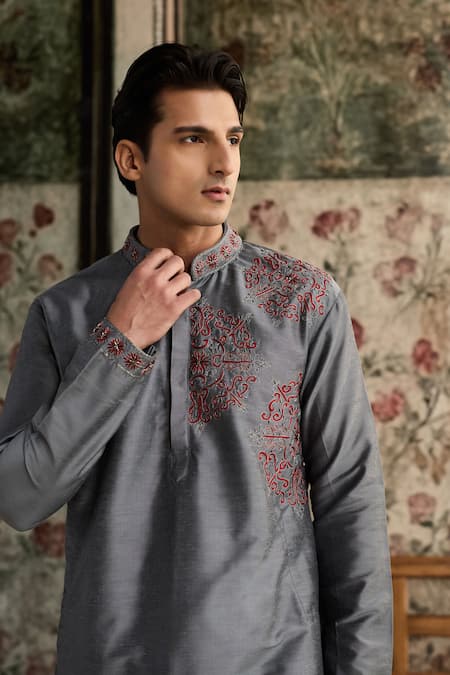 Diyarajvvir_Gray Cotton, Silk Embroidery Kurta With Pant _Online_at_Aza_Fashions