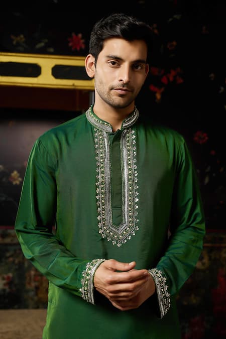 Buy_Diyarajvvir_Green Cotton, Silk Embroidery Yoke Kurta With Pant _Online_at_Aza_Fashions