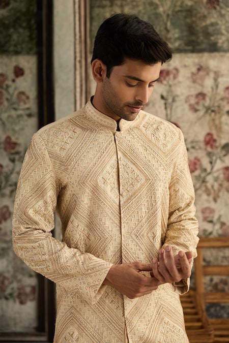 Shop_Diyarajvvir_Beige Silk Diamonds Embroidered Jacket With Pant _Online_at_Aza_Fashions