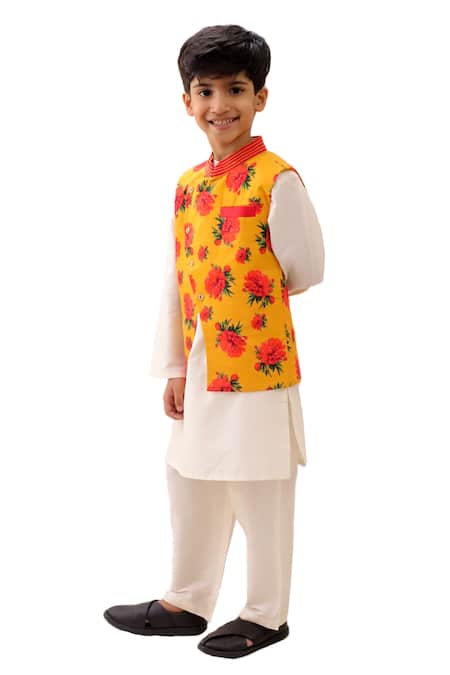 Lil Drama_Mustard Cotton, Polyester, Silk Floral Print Nehru Jacket Kurta Set _Online_at_Aza_Fashions