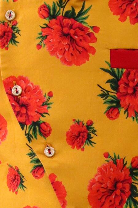 Shop_Lil Drama_Mustard Cotton, Polyester, Silk Floral Print Nehru Jacket Kurta Set _Online_at_Aza_Fashions