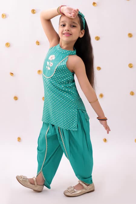 Lil Drama_Green Rayon Embroidery, Foil Printing, Lace Khilkhilahat Kurta And Dhoti Pant Set _Online_at_Aza_Fashions