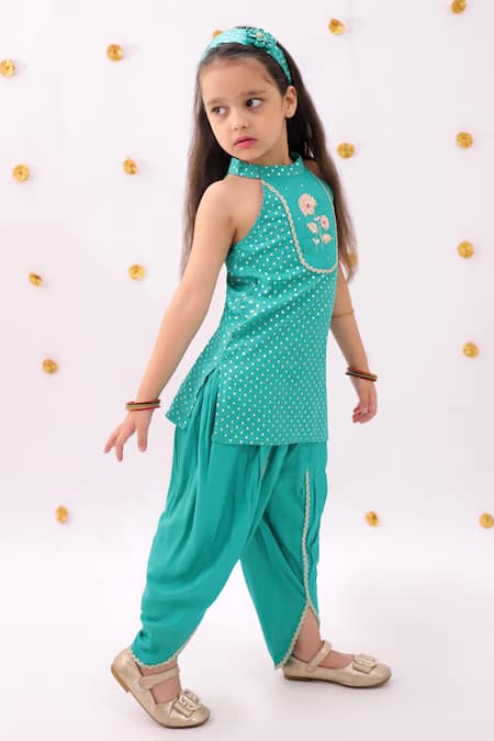 Buy_Lil Drama_Green Rayon Embroidery, Foil Printing, Lace Khilkhilahat Kurta And Dhoti Pant Set _Online_at_Aza_Fashions