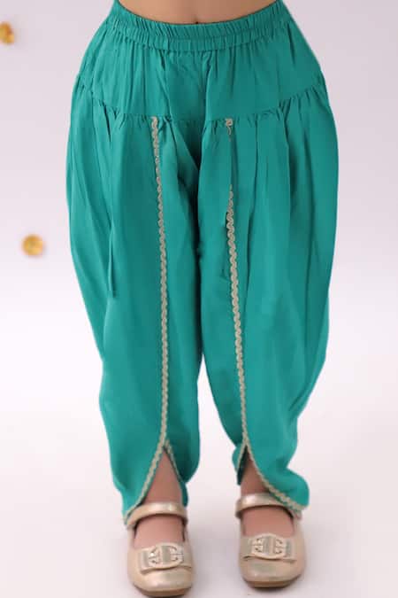 Shop_Lil Drama_Green Rayon Embroidery, Foil Printing, Lace Khilkhilahat Kurta And Dhoti Pant Set _Online_at_Aza_Fashions