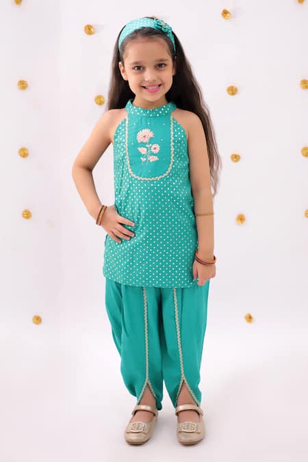 Lil Drama_Green Rayon Embroidery, Foil Printing, Lace Khilkhilahat Kurta And Dhoti Pant Set _at_Aza_Fashions