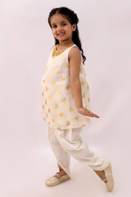 Lil Drama_Off White Polyester, Chanderi Mishti Floral Pattern Kurta And Dhoti Pant Set _Online_at_Aza_Fashions