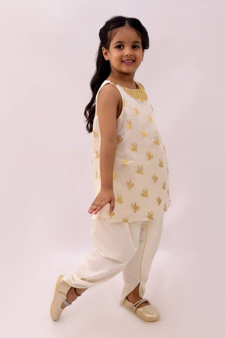 Buy_Lil Drama_Off White Polyester, Chanderi Mishti Floral Pattern Kurta And Dhoti Pant Set _Online_at_Aza_Fashions