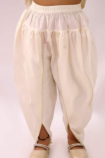 Shop_Lil Drama_Off White Polyester, Chanderi Mishti Floral Pattern Kurta And Dhoti Pant Set _Online_at_Aza_Fashions