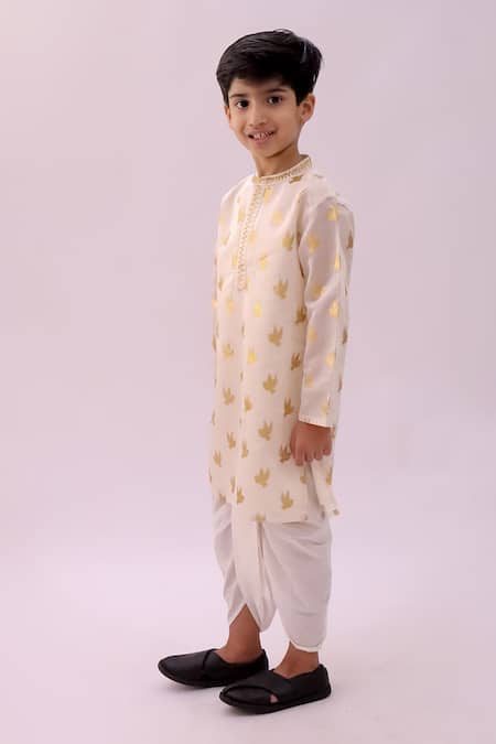 Shop_Lil Drama_Off White Chanderi Foil Mishti Floral Butti Pattern Kurta And Dhoti Pant Set _Online_at_Aza_Fashions