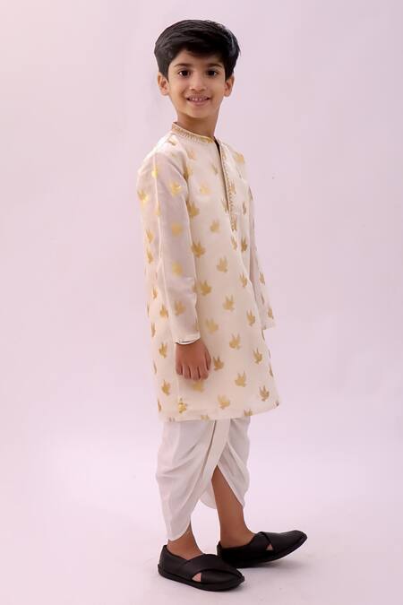 Lil Drama_Off White Chanderi Foil Mishti Floral Butti Pattern Kurta And Dhoti Pant Set _at_Aza_Fashions