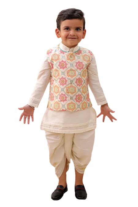 Lil Drama Off White Polyurethane Embroidery Mishti Floral Pattern Nehru Jacket Kurta Set 